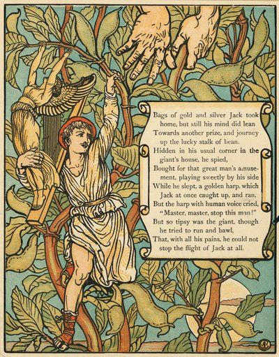 Jack descendiendo el tallo de frijoles de Jack and the Beanstalk pub. 1875 de Walter Crane