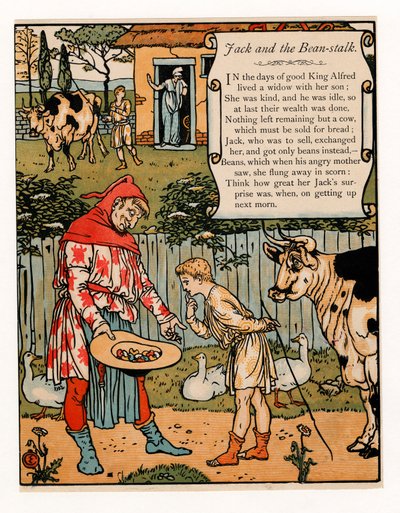 Jack vende su vaca por frijoles, del Libro de Imágenes de Barba Azul, pub. 1879 litografía en color, 1879 de Walter Crane