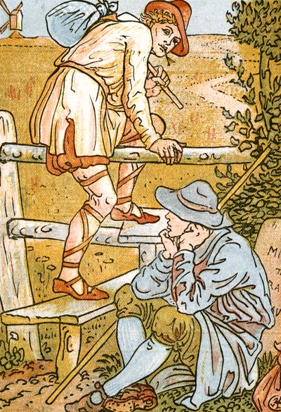Sigue adelante, sigue adelante, ilustración de canción de Pan-Pipes, Un libro de viejas canciones, recién arregladas y con acompañamientos de Theo. Marzials, publicado en Londres por George Routledge & Sons, 1884 de Walter Crane