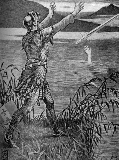 Rey Arturo - Sir Bedivere arrojando Excalibur. de Walter Crane