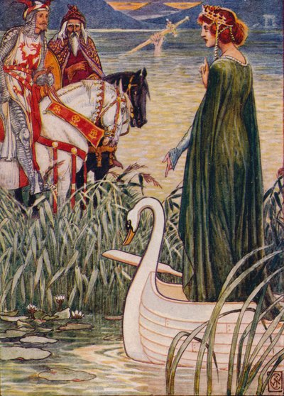El Rey Arturo pide a la Dama del Lago la espada Excalibur, 1911 de Walter Crane