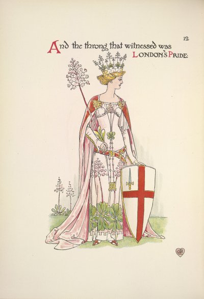 El orgullo de Londres. Una joven sostiene un escudo con la cruz de San Jorge de Walter Crane