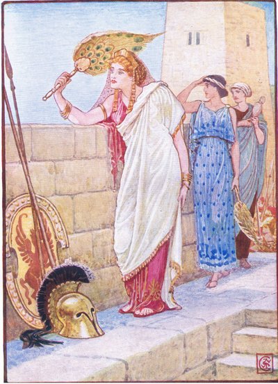 A menudo se paraba en las murallas de Troya, ilustración de La Historia de Grecia, años 1930 de Walter Crane