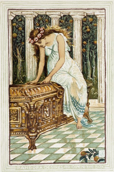 Pandora quiere abrir la caja fuerte - en “A wonder book for girls and boys” de Walter Crane