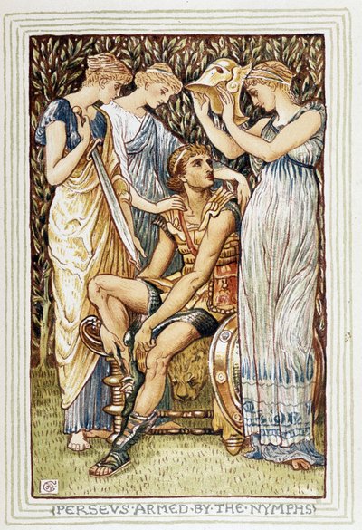 Perseo armado por las ninfas - en “Un libro maravilloso para niñas y niños” por Walter Crane (1845-1915) de Walter Crane