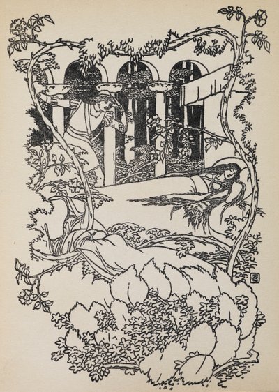 El Príncipe Encantador encuentra a la Bella Durmiente dormida en un edificio lleno de espinas. de Walter Crane