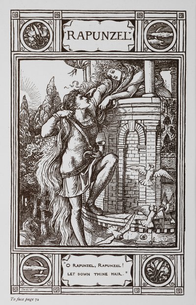 Rapunzel se asoma a la ventana de una torre mientras un príncipe trepa por su pelo. de Walter Crane