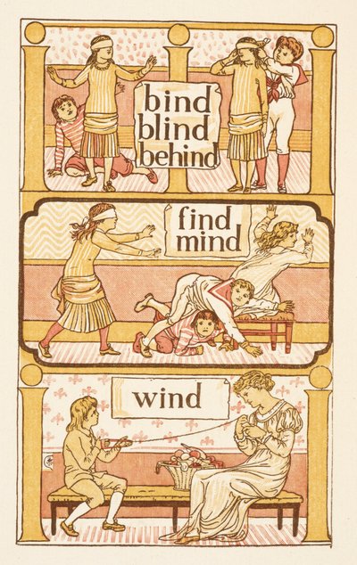 Palabras que riman y acaban en la letra D. Un juego de gallinita ciega. Para ilustrar el uso de la letra i. La cartilla dorada. de Walter Crane