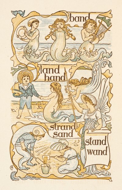 Palabras que riman y acaban en la letra D. Sirenas. Niños construyendo castillos de arena en una playa. La cartilla dorada. de Walter Crane