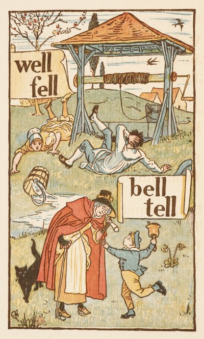 Palabras que riman y acaban en la letra L. Un niño con una campana. Una anciana y su gato. La cartilla dorada. de Walter Crane