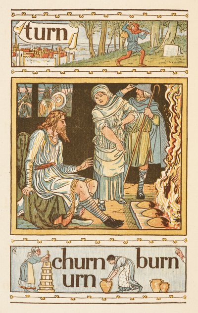 Palabras que riman y terminan en la letra N. Una ilustración, que muestra
posiblemente, al rey Alfredo y las tortas ardientes. La cartilla dorada. de Walter Crane