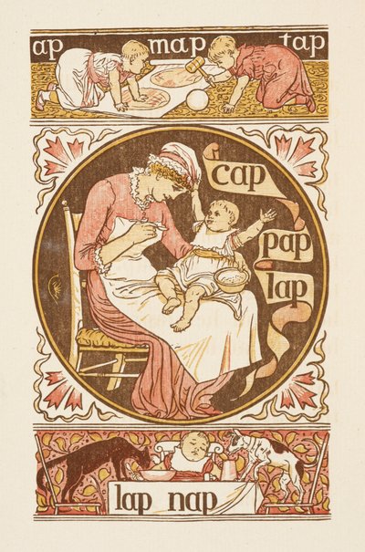 Palabras rimadas que terminan en la letra P. Una ilustración que muestra a una mujer dando de comer a un niño. La cartilla de oro. de Walter Crane