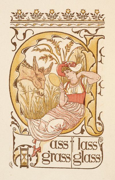 Palabras que riman terminadas en la letra S. Una mujer sosteniendo un espejo facial. La cartilla dorada. de Walter Crane