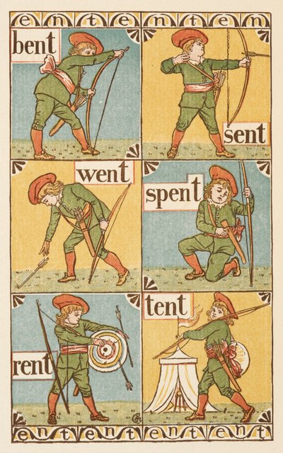 Palabras que riman y acaban en la letra T. Un niño con arco y flecha. La cartilla dorada. de Walter Crane