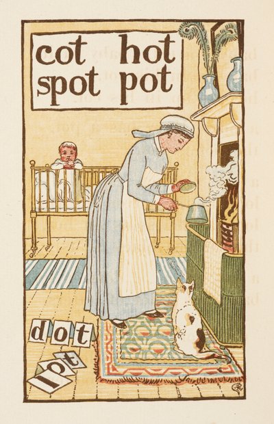 Palabras rimadas que terminan en la letra T. Una ilustración, que muestra a una enfermera hirviendo una olla para un niño enfermo. La cartilla de oro. de Walter Crane