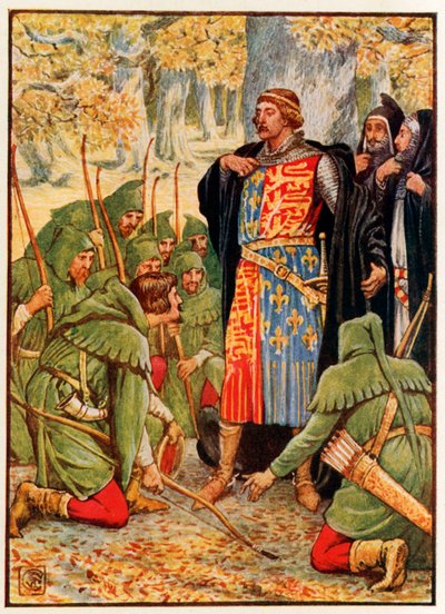 Robin Hood y sus hombres se arrodillan ante el Rey de Walter Crane