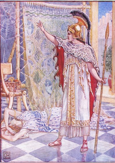 La convirtió en una araña, ilustración de La Historia de Grecia, años 1930 de Walter Crane