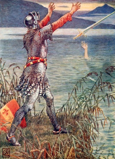 Sir Bedevere arroja la espada Excalibur al lago de Walter Crane