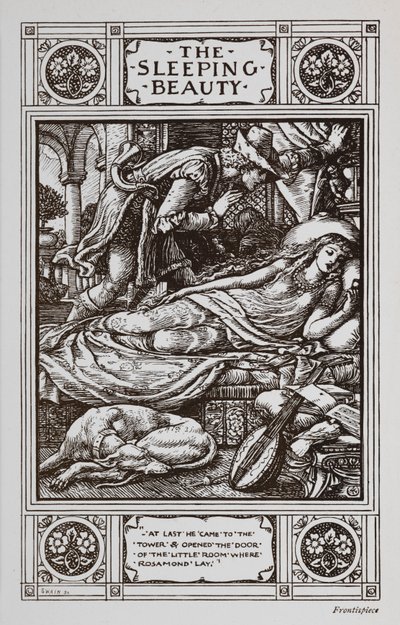 La Bella Durmiente yace dormida rodeada de un perro dormilón y un instrumento musical mientras el Príncipe Encantador vela por ella. de Walter Crane