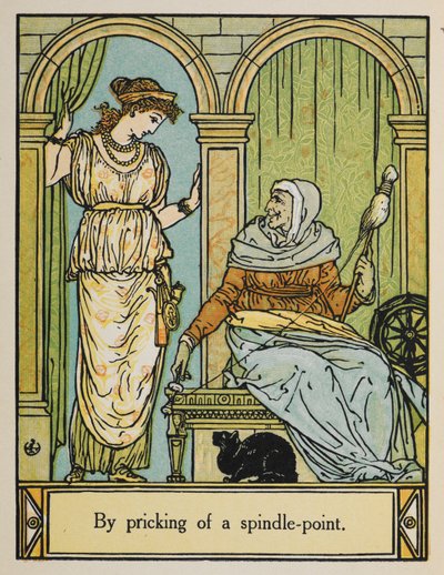 La Bella Durmiente está de pie junto a una anciana con una rueca e hilo. Un gato negro está sentado debajo. de Walter Crane