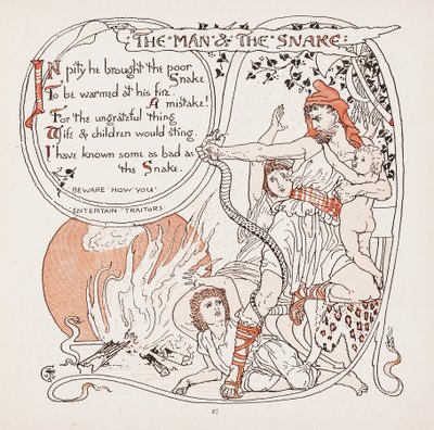 El Hombre y la Serpiente, ilustración de Fábulas de Esopo, pub. 1887 de Walter Crane