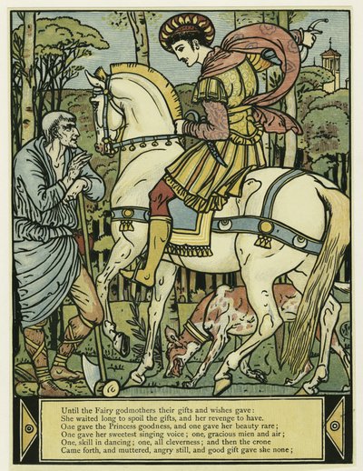 El Príncipe pide direcciones, del Libro de Imágenes de Barba Azul, pub. 1879 de Walter Crane