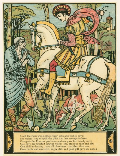 El príncipe pide direcciones, del libro de imágenes de Barba Azul, pub. 1879 de Walter Crane