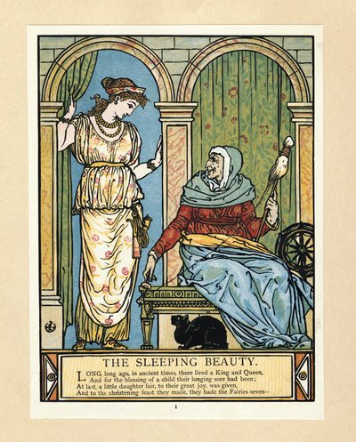 La princesa aprende a hilar, del libro de imágenes de Barba Azul, pub. 1879 (litografía en color) de Walter Crane