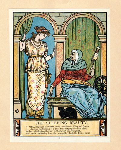 La princesa aprende a hilar, del libro de imágenes de Barba Azul, pub. 1879 litografía en color, 1879 de Walter Crane
