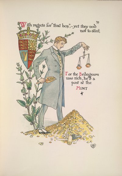El novio sosteniendo una balanza que mide su riqueza de Walter Crane