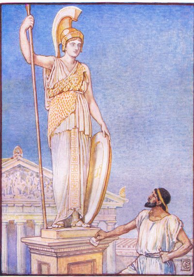 La figura de la diosa era colosal, ilustración de La Historia de Grecia, años 1930 de Walter Crane
