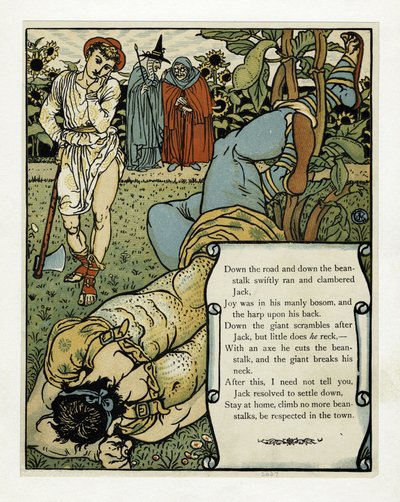 El gigante se rompe el cuello, del libro de imágenes de Barba Azul, pub. 1879 (litografía en color) de Walter Crane