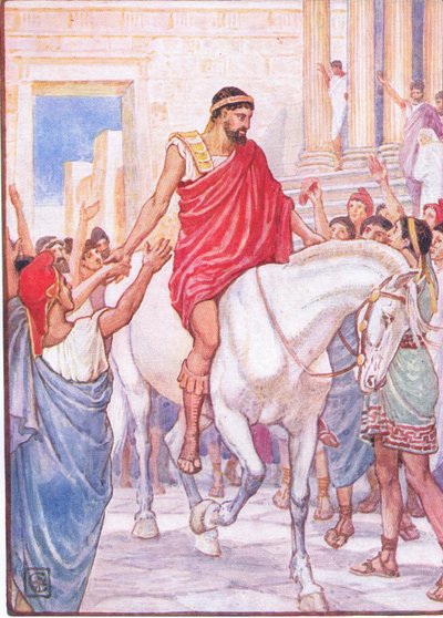 La multitud lo saludó con fuertes aclamaciones, ilustración de La Historia de Grecia, años 1930 de Walter Crane