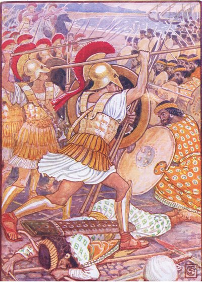 Chocaron contra el ejército persa con tremenda fuerza, ilustración de La Historia de Grecia, años 1930 de Walter Crane