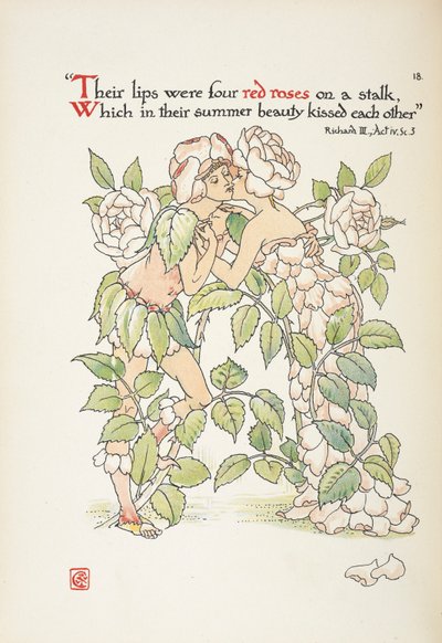 Dos figuras besándose vestidas de rosas de Walter Crane