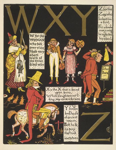 WXYZ- W para la mujer que no era demasiado agradable; X es la X que se encuentra en los bollos; Y para yankee doodle; y Z para el zany que parecía un tonto de Walter Crane