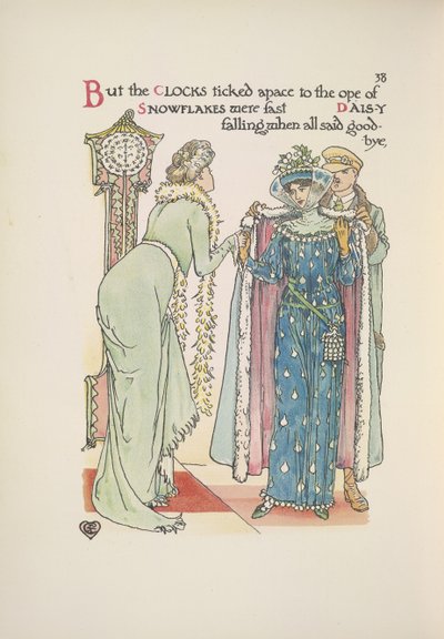 Los invitados a la boda se marchan. Una señora se despide; un hombre la ayuda a ponerse el abrigo. de Walter Crane