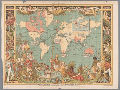 Mapa mundial que muestra el Imperio británico colonial, 1886 Federación Imperial, mapa del mundo que muestra la extensión del Imperio Británico en 1886 (título sobre el objeto) de Walter Crane