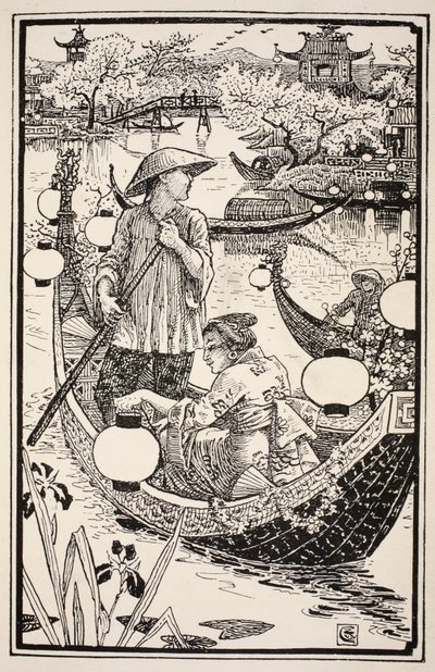 Cuando llegó la noche, volvieron a su bote, adornándolo con flores de proa a popa, ilustración de 