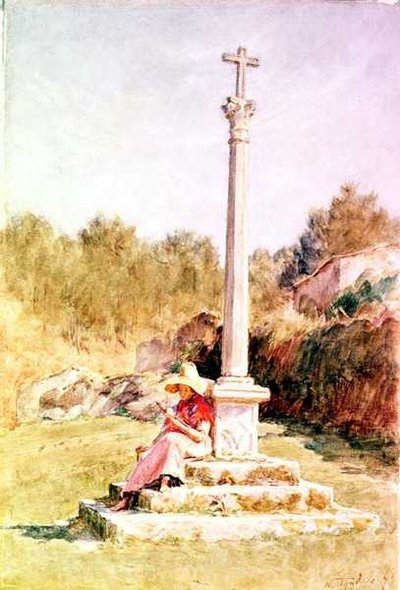 Figuras junto a una cruz memorial de Walter Frederick Roofe Tyndale