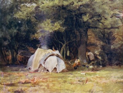 El Nuevo Bosque: El campamento gitano cerca de los Kennels entre Lyndhurst y Minstead (litografía a color) de Walter Frederick Roofe Tyndale