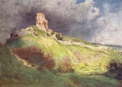 Wessex: Castillo de Corfe, El "Castillo de Corvesgate" de La Mano de Ethelberta (litografía en color) de Walter Frederick Roofe Tyndale