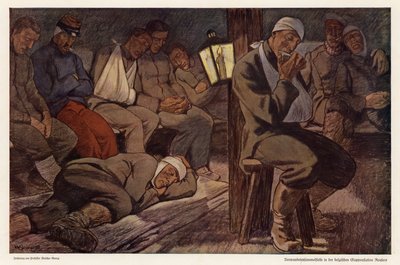 Soldados heridos en la estación de limpieza de víctimas en Roulers, Bélgica, Primera Guerra Mundial (litografia en color) de Walter Georgi
