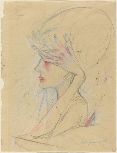 Una mujer elegante con las manos cubriéndose los ojos de Walter Gramatte