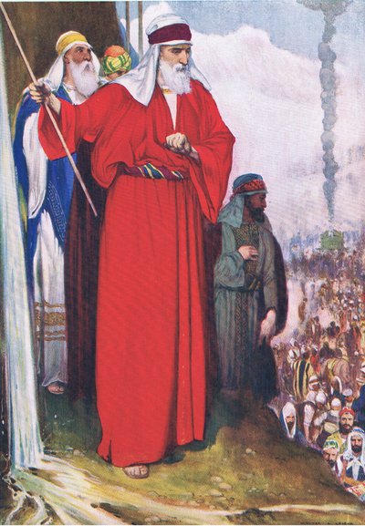 Golpeando la roca en Meribá, de El Libro de Imágenes de la Biblia publicado por Thomas Nelson, c.1950 de Walter Grieve