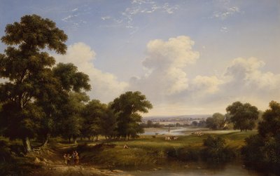 Campesinos en un paisaje fluvial boscoso (óleo sobre lienzo) de Walter Heath Williams