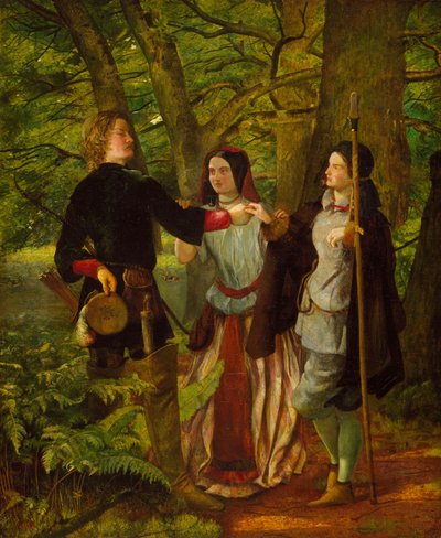 Como gustéis - Acto IV Escena I - Rosalind enseñando a Orlando en la ceremonia del matrimonio o El matrimonio simulado de Orlando y Rosalind, 1850 de Walter Howell Deverell