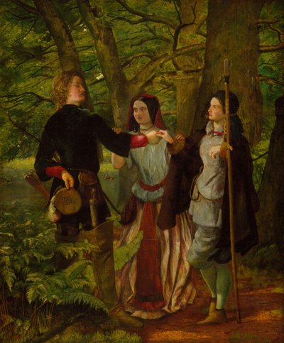 Como gustéis - Acto IV Escena I - Rosalind enseñando a Orlando en la ceremonia..., 1850 de Walter Howell Deverell