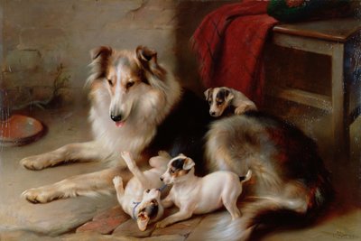 Un Collie con Cachorros de Fox Terrier, 1913 de Walter Hunt