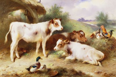 Terneros y Aves de Corral junto a un Establo de Walter Hunt